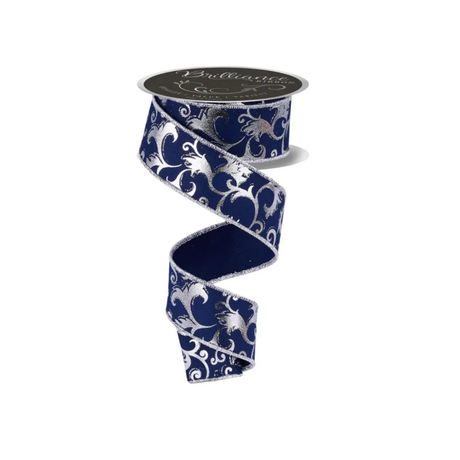 Navy Silver Leaf Wired Ribbon 1.5 Inch x 10 Yards-LS1295YR Craig Bachman