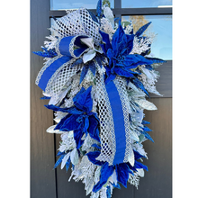 Load image into Gallery viewer, Royal Blue and Silver Holiday Winter Swag I Elegant Christmas Door Decor I Velvet Poinsettia Greenery Swag I Large Door Swag