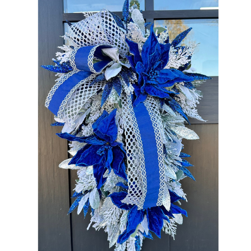 Royal Blue and Silver Holiday Winter Swag I Elegant Christmas Door Decor I Velvet Poinsettia Greenery Swag I Large Door Swag