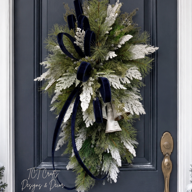 Blue White Holiday Bell Swag — Large Christmas Front Door Swag, 35 Inch TCT Crafts