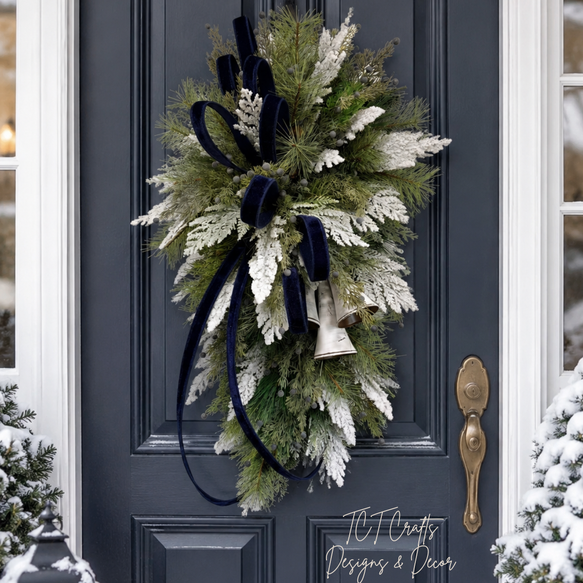 Blue White Holiday Bell Swag — Large Christmas Front Door Swag, 35 Inch TCT Crafts