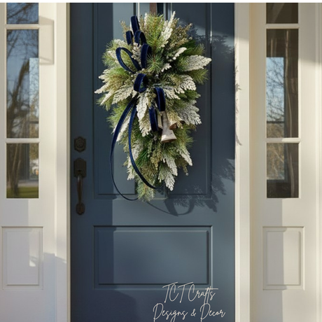 Blue White Holiday Bell Swag — Large Christmas Front Door Swag, 35 Inch TCT Crafts