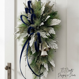 Blue White Holiday Bell Swag — Large Christmas Front Door Swag, 35 Inch TCT Crafts