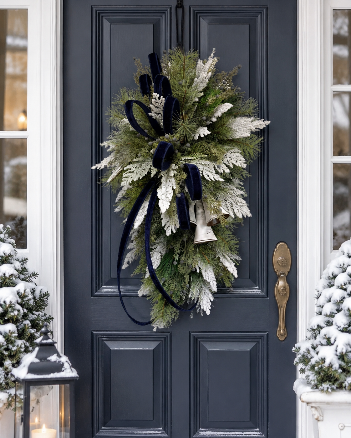 Blue White Holiday Bell Swag — Large Christmas Front Door Swag, 35 Inch TCT Crafts