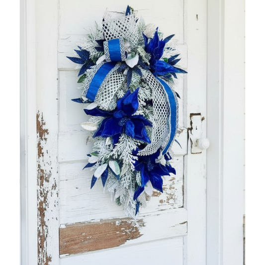 Royal Blue & Silver Christmas or Hanukkah Swag | Velvet Poinsettia Winter Door Decoration TCT Crafts