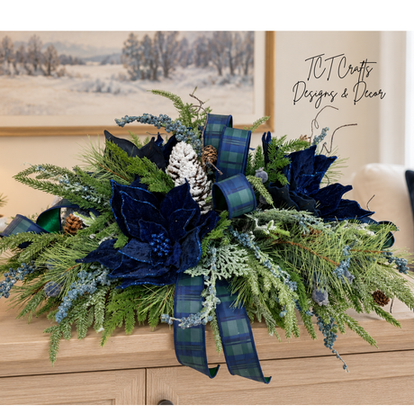 Navy Blue Tartan Plaid Christmas Centerpiece | Velvet Poinsettia & Snowy Pine | 24"Lx12"H-2215 TCT Crafts Designs & Decor
