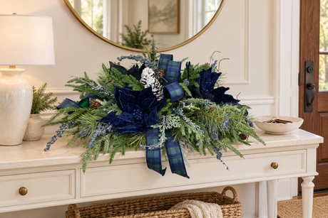 Navy Blue Tartan Plaid Christmas Centerpiece | Velvet Poinsettia & Snowy Pine | 24"Lx12"H-2215 TCT Crafts Designs & Decor
