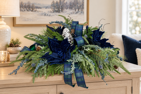Navy Blue Tartan Plaid Christmas Centerpiece | Velvet Poinsettia & Snowy Pine | 24"Lx12"H-2215 TCT Crafts Designs & Decor