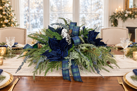 Navy Blue Tartan Plaid Christmas Centerpiece | Velvet Poinsettia & Snowy Pine | 24"Lx12"H-2215 TCT Crafts Designs & Decor