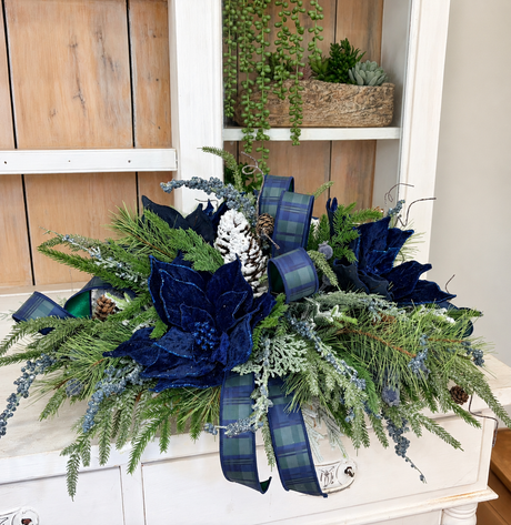 Navy Blue Tartan Plaid Christmas Centerpiece | Velvet Poinsettia & Snowy Pine | 24"Lx12"H-2215 TCT Crafts Designs & Decor