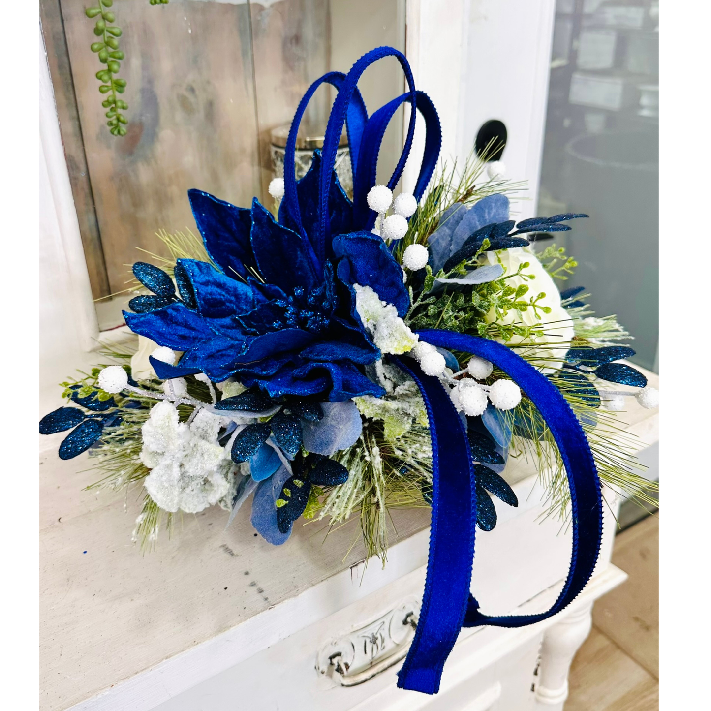 Blue & White Holiday Arrangement in Wooden Dough Bowl | Farmhouse Winter Centerpiece TCT Crafts