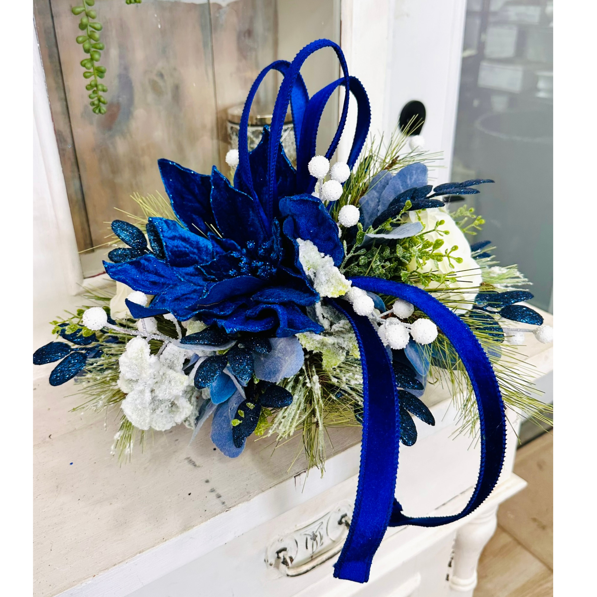 Blue & White Holiday Arrangement in Wooden Dough Bowl | Farmhouse Winter Centerpiece TCT Crafts