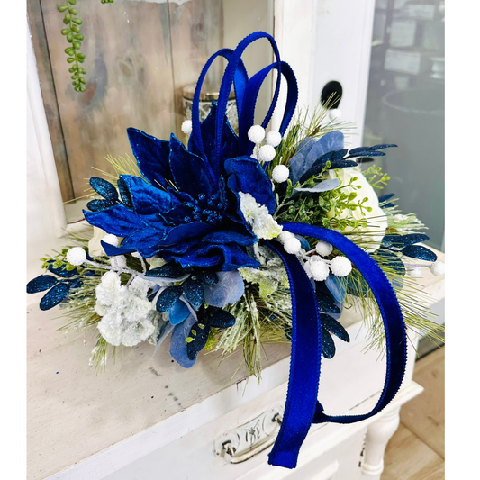 Blue & White Holiday Arrangement in Wooden Dough Bowl | Farmhouse Winter Centerpiece TCT Crafts