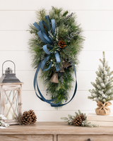 Blue Juniper Bell Swag | Designer Farrisilk Ribbon Christmas Swag | 39"L x 21"W TCT Crafts