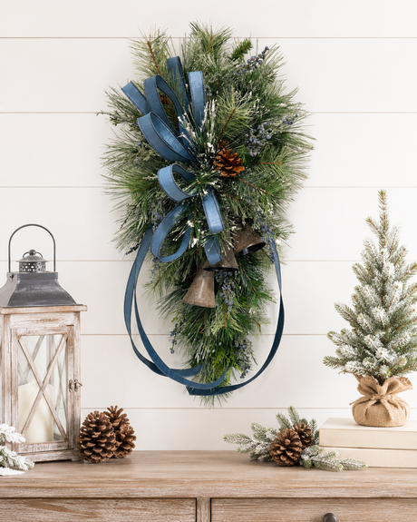 Blue Juniper Bell Swag | Designer Farrisilk Ribbon Christmas Swag | 39"L x 21"W TCT Crafts