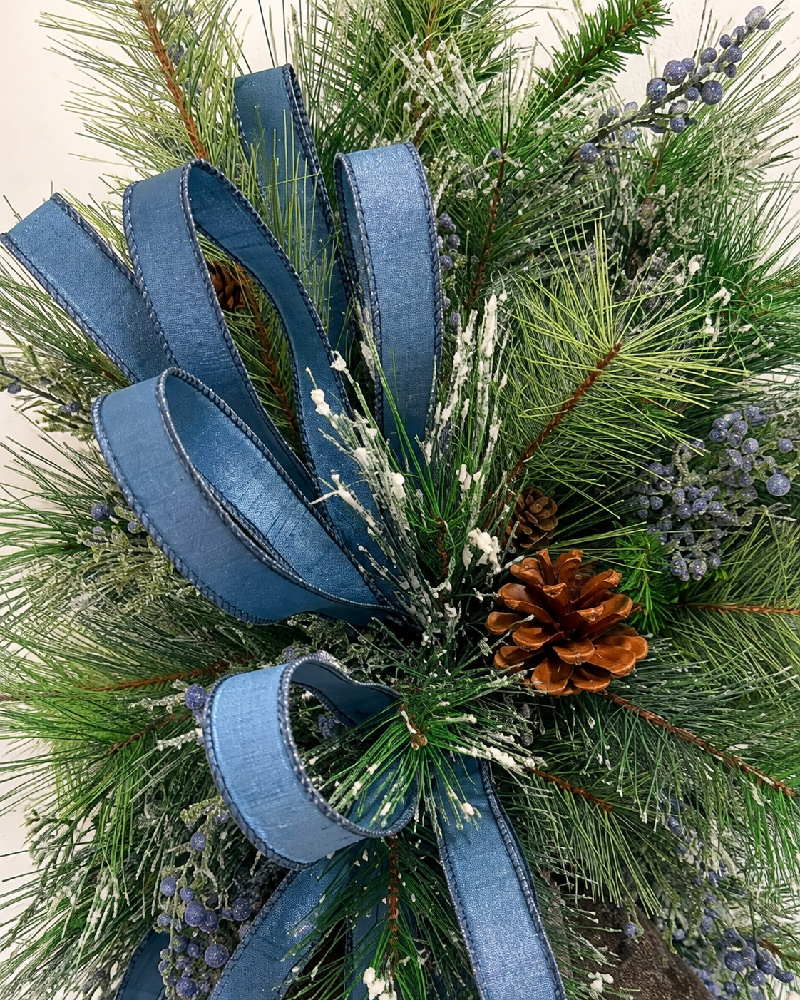 Blue Juniper Bell Swag | Designer Farrisilk Ribbon Christmas Swag | 39"L x 21"W TCT Crafts