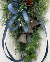 Blue Juniper Bell Swag | Designer Farrisilk Ribbon Christmas Swag | 39"L x 21"W TCT Crafts