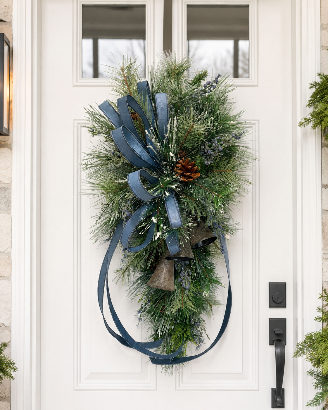 Blue Juniper Bell Swag | Designer Farrisilk Ribbon Christmas Swag | 39"L x 21"W TCT Crafts
