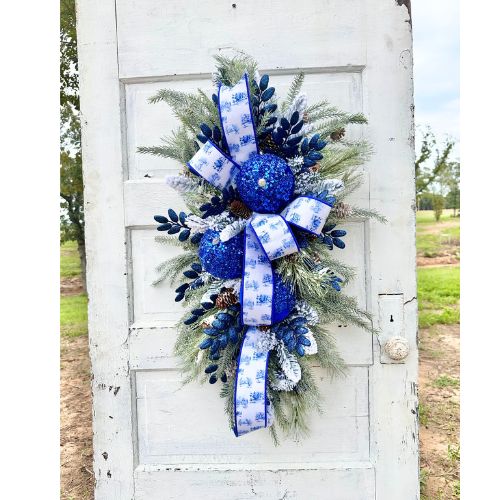 Elegant Blue & White Winter Wonderland Swag with Sequin Ornaments, 36x25 Holiday Door Decor by TCT Crafts TCT Crafts