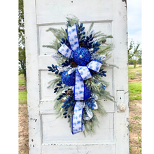 Load image into Gallery viewer, Elegant Blue &amp; White Winter Wonderland Swag with Sequin Ornaments, 36x25 Holiday Door Decor by TCT Crafts