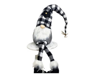 Whimsical Black White Check Fabric Sitting Gnome - 30.75"H-XN4185