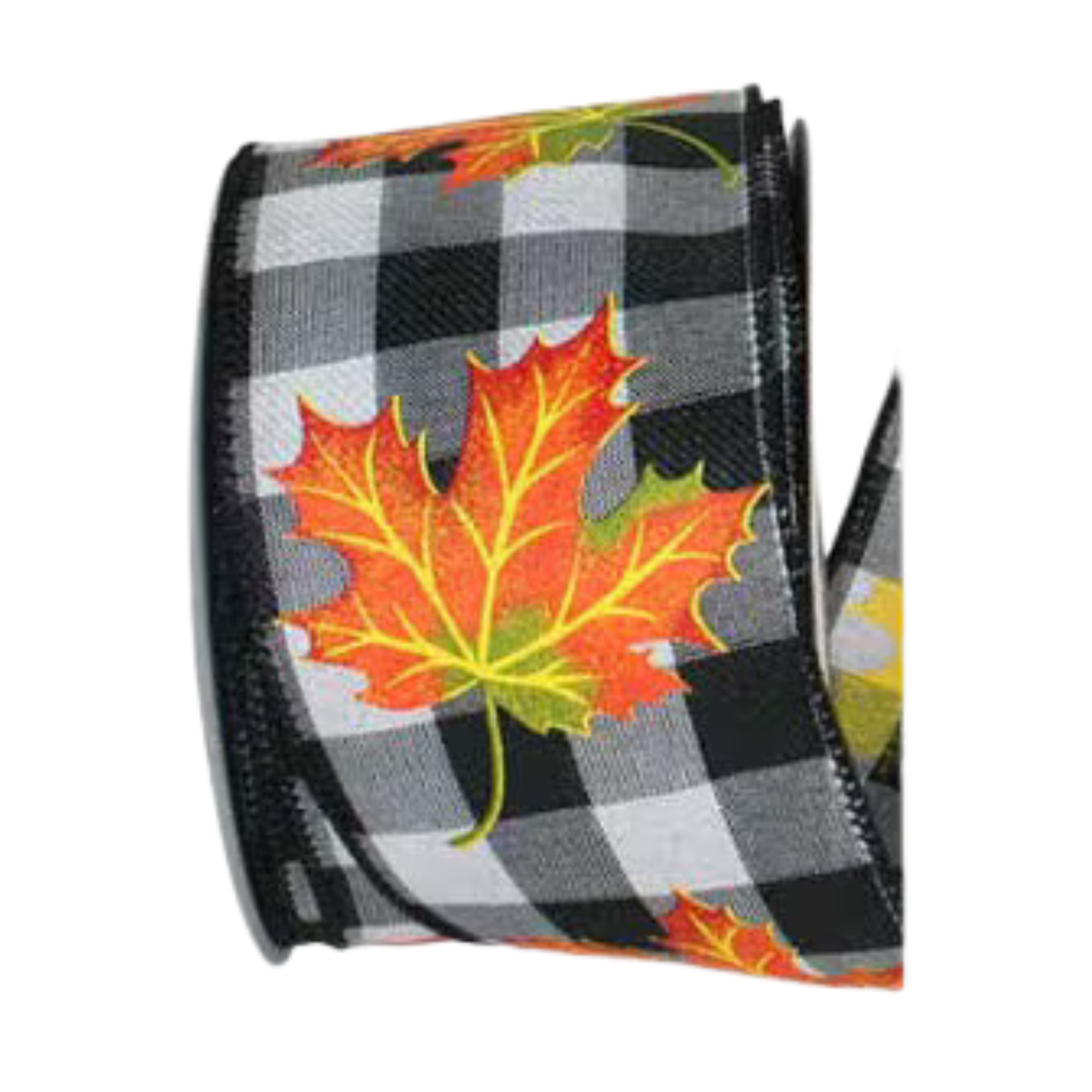 Fall Maple Leaf Ribbon 2.5 Inch x 10 Yard Black White Check Wired Ribbon TCTCrafts