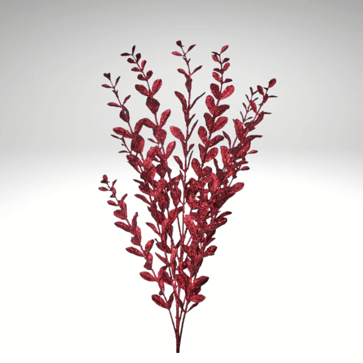 22" Burgundy Glitter Boxwood Spray – Artificial Dark Red Sequin Leaf Stem for Christmas Regency