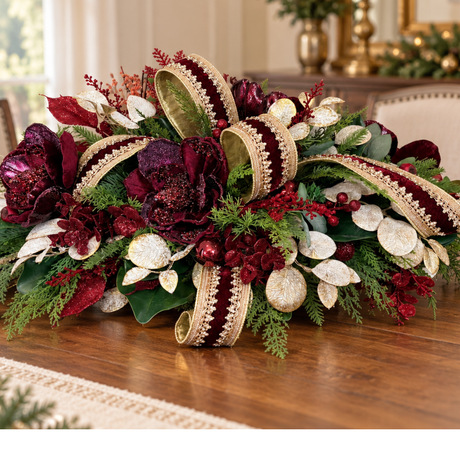 Burgundy & Gold Glam Christmas Centerpiece with Velvet Magnolias & D. Stevens Ribbon-2213 TCT Crafts