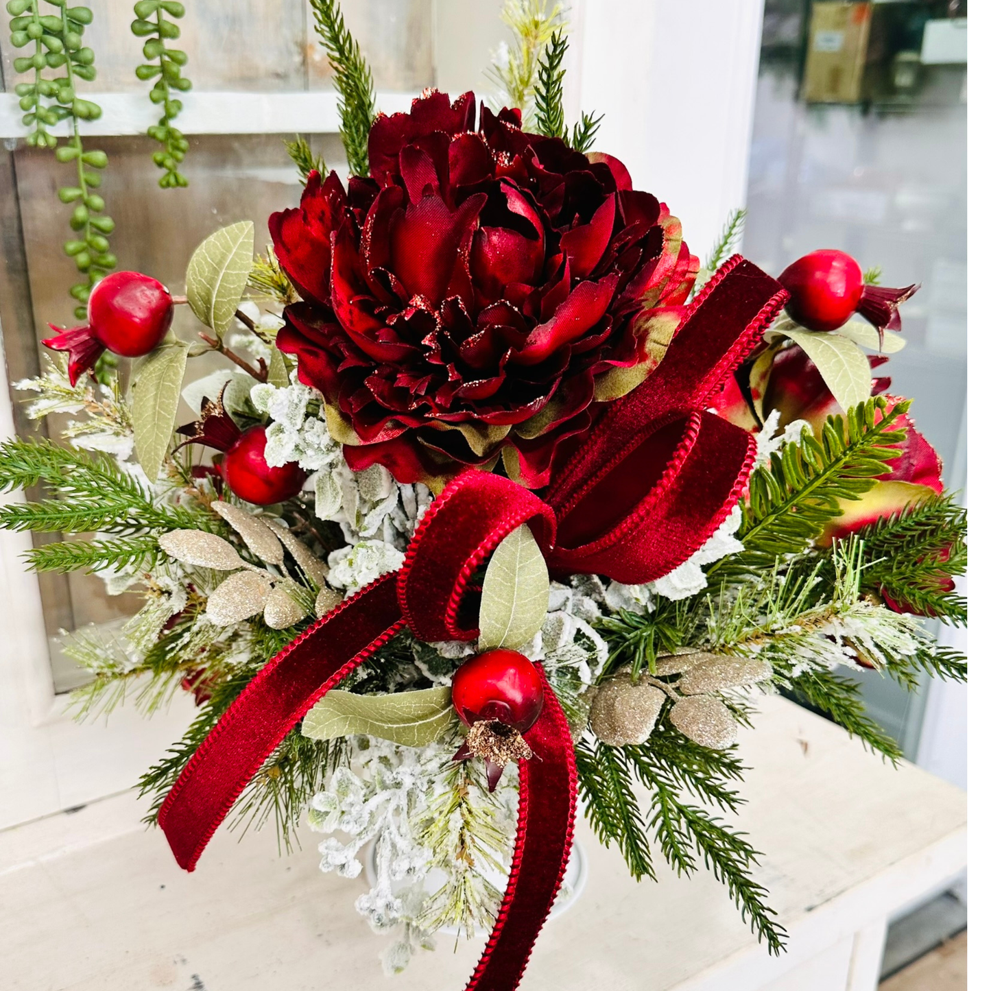 Burgundy Peony Christmas Arrangement | Velvet Ribbon Holiday Floral Centerpiece TCT Crafts