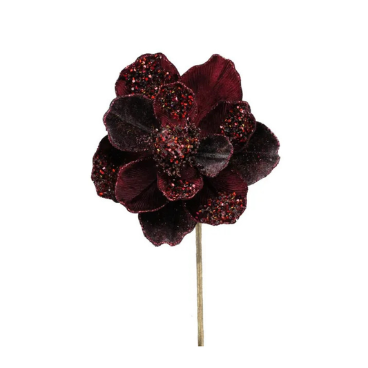27.5" Burgundy Velvet Beaded Magnolia Stem – Artificial Holiday Flower Stem-XS704805 Craig Bachman