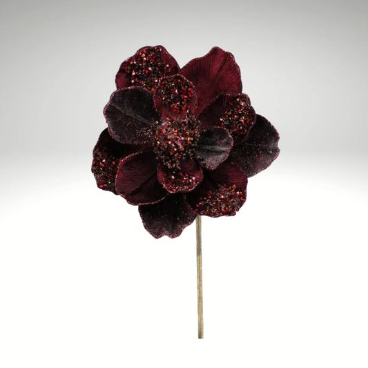 27.5" Burgundy Velvet Beaded Magnolia Stem – Artificial Holiday Flower Stem-XS704805 Craig Bachman