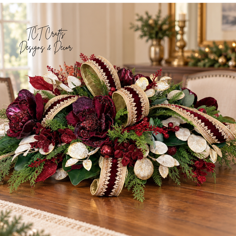 Burgundy & Gold Glam Christmas Centerpiece with Velvet Magnolias & D. Stevens Ribbon-2213 TCT Crafts