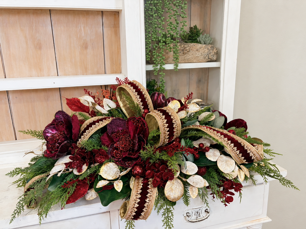 Burgundy & Gold Glam Christmas Centerpiece with Velvet Magnolias & D. Stevens Ribbon-2213 TCT Crafts