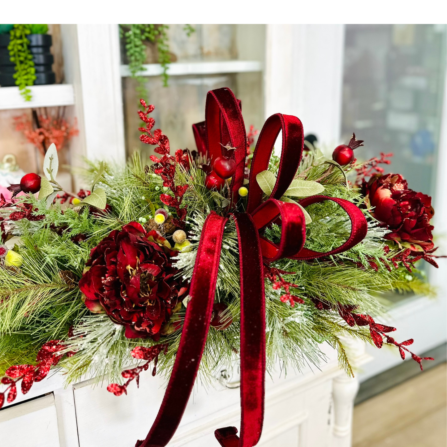 Deluxe Burgundy Peony Christmas Centerpiece – Elegant Velvet Holiday Floral Swag TCT Crafts