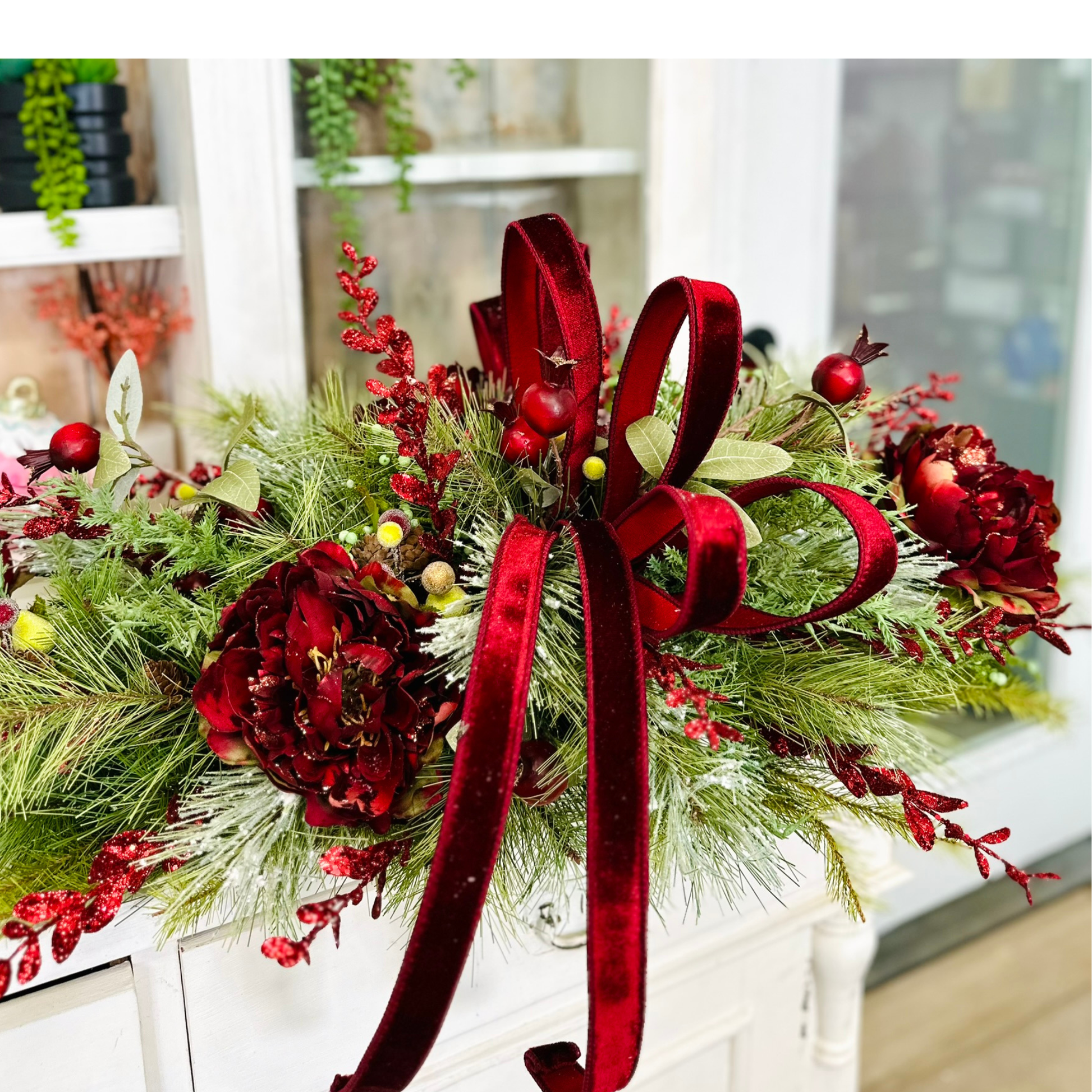 Deluxe Burgundy Peony Christmas Centerpiece – Elegant Velvet Holiday Floral Swag TCT Crafts