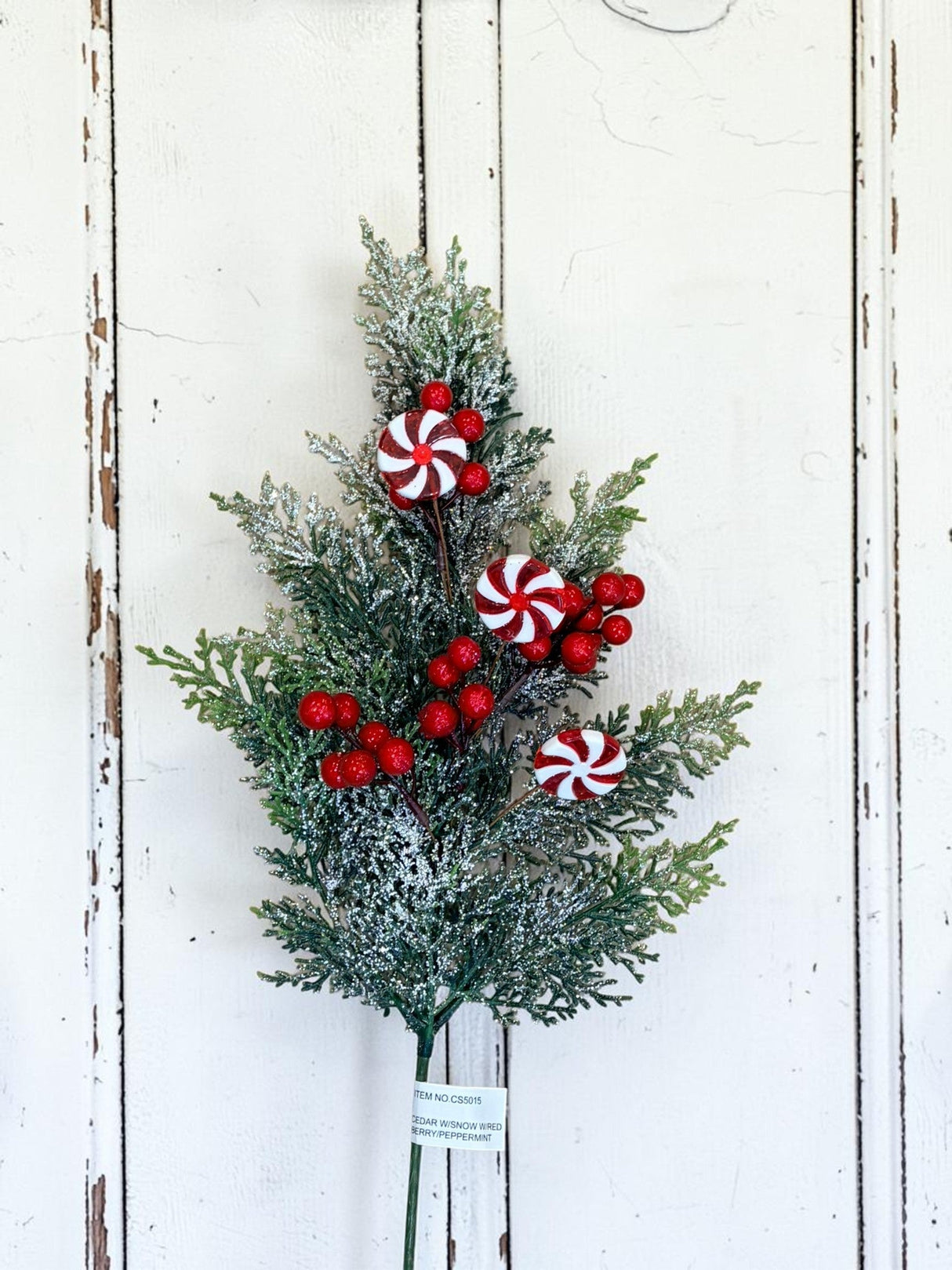 21.5 Inch Snowy Cedar Peppermint Spray with Red Berries for Christmas Decor-CS5015 Sims Pottery