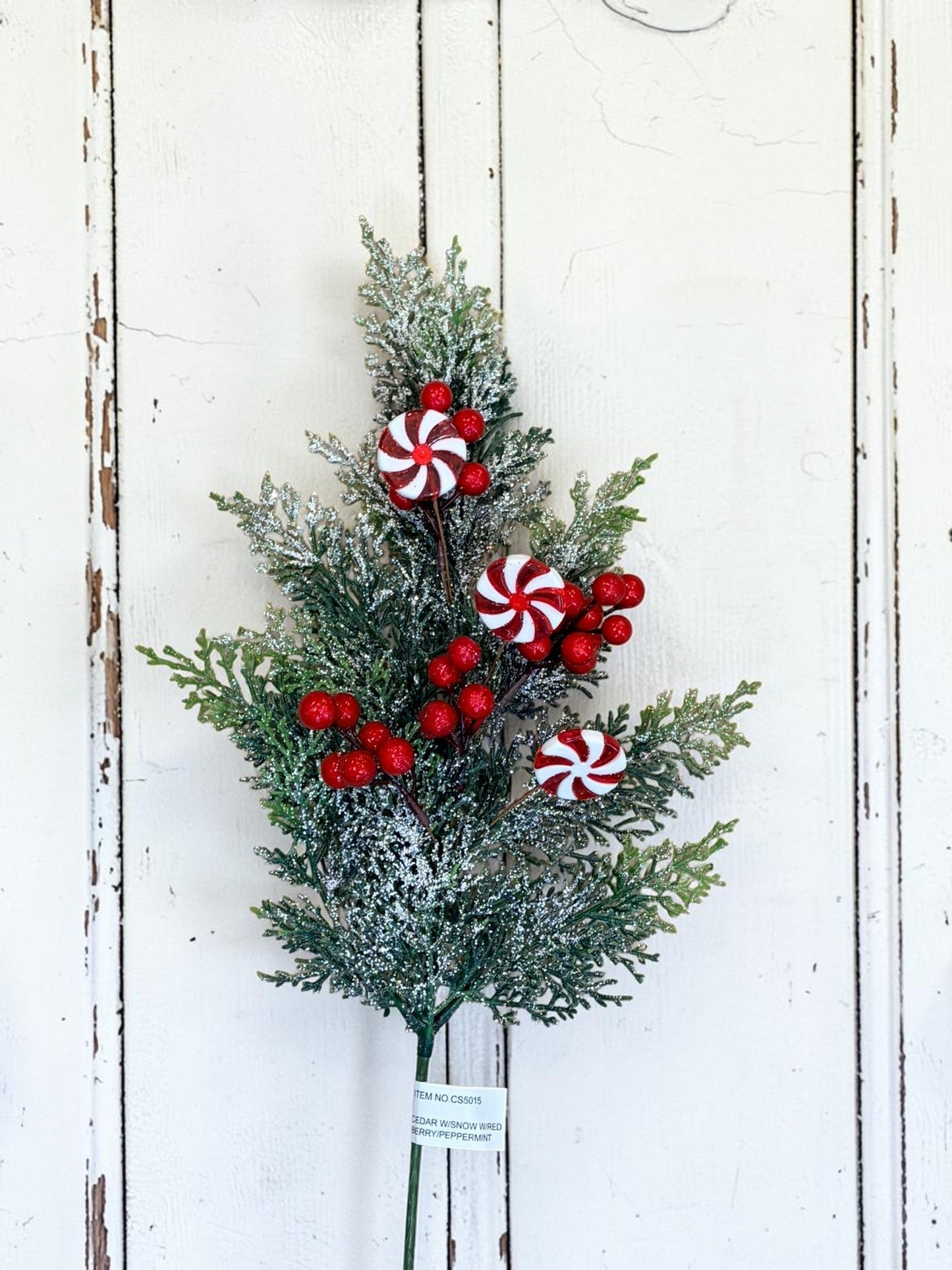 21.5 Inch Snowy Cedar Peppermint Spray with Red Berries for Christmas Decor-CS5015 Sims Pottery