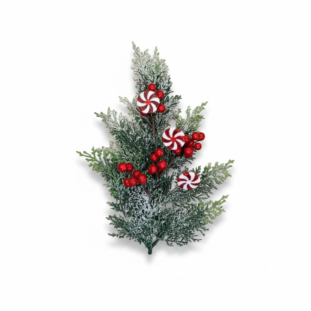 21.5 Inch Snowy Cedar Peppermint Spray with Red Berries for Christmas Decor-CS5015 Sims Pottery