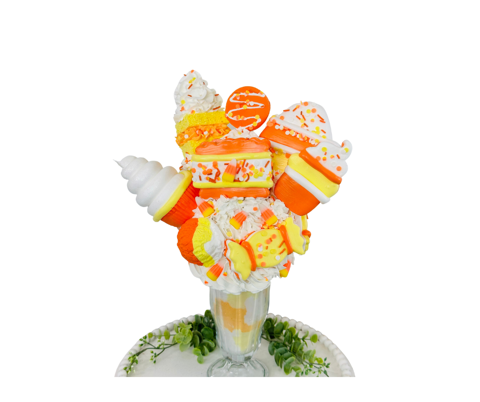 Halloween Candy Corn Themed Faux Milkshake - Handmade Decorative Piece - Ideal for Tiered Trays, Party Decorations, and Photography Props