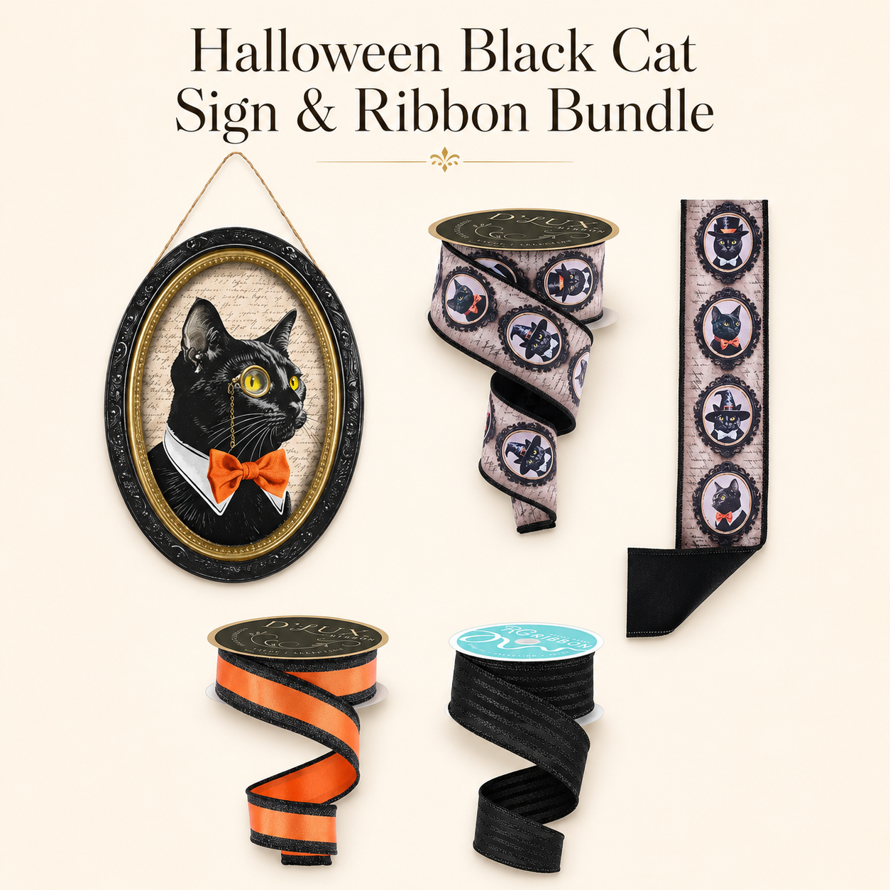 Halloween Black Cat Sign & Ribbon Bundle-HB111 TCTCrafts