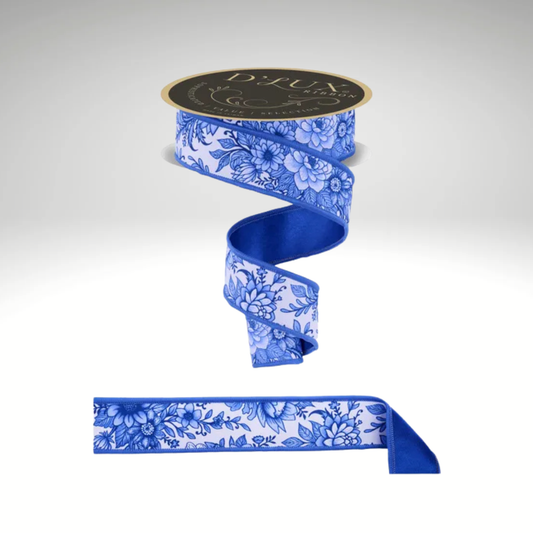 Chinoiserie Floral Wired Ribbon 1.5"x10yd | Designer Blue Ribbon-LX312203 Craig Bachman