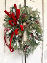 Winter Angel Grapevine Wreath – Elegant 32"x22" Christmas Wreath with Red Velvet Bow & Pine Sprays for Front Door Decor TCT Crafts