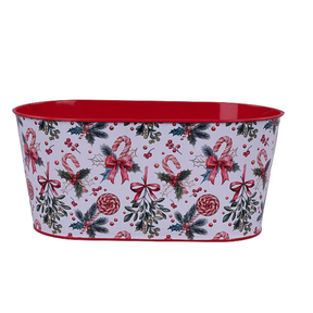 Holly Berry Bow Christmas Planter | Oval Metal Container | 10.25"L x 5.25"W-XC0227 Craig Bachman