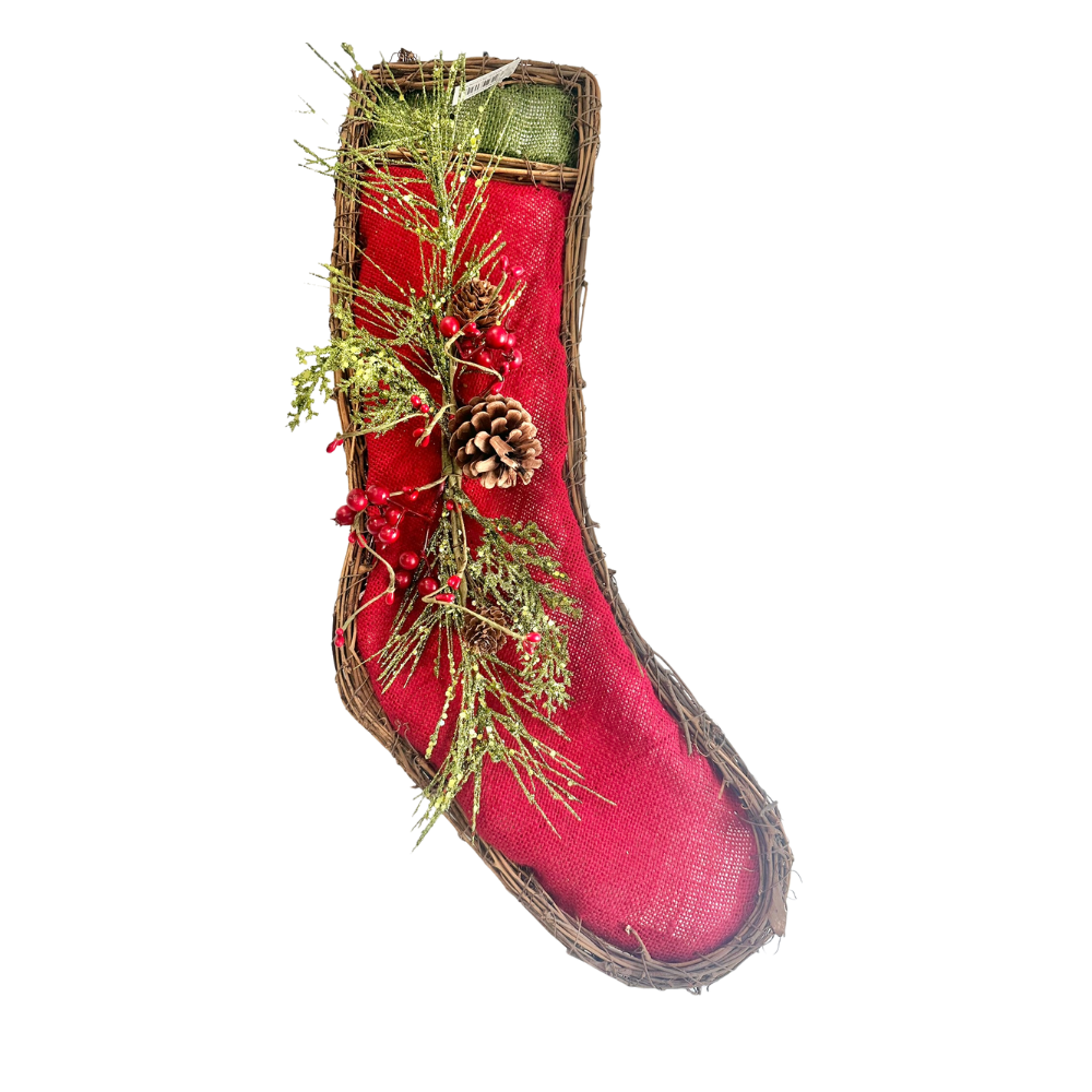 20.5" Christmas Grapevine Burlap/Glitter Stocking Decor - Red/Lime Green - Christmas grapevine wreath base TCT Crafts