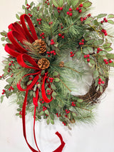 Classic Holly Pine Wreath | Red Velvet Farrisilk Ribbon Grapevine | 26" TCT Crafts