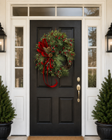 Classic Holly Pine Wreath | Red Velvet Farrisilk Ribbon Grapevine | 26" TCT Crafts