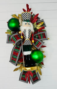 Deluxe Christmas Nutcracker Door Swag - 39" Holiday Front Door Decor with Foam Nutcracker, Flocked Pines, and Festive Ribbon-TCT1703