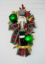 Load image into Gallery viewer, Deluxe Christmas Nutcracker Door Swag - 39&quot; Holiday Front Door Decor with Foam Nutcracker, Flocked Pines, and Festive Ribbon-TCT1703