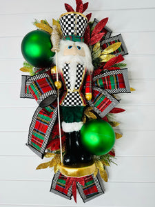 Deluxe Christmas Nutcracker Door Swag - 39" Holiday Front Door Decor with Foam Nutcracker, Flocked Pines, and Festive Ribbon-TCT1703