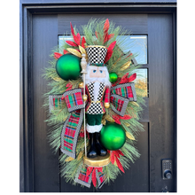 Load image into Gallery viewer, Deluxe Christmas Nutcracker Door Swag - 39&quot; Holiday Front Door Decor with Foam Nutcracker, Flocked Pines, and Festive Ribbon-TCT1703